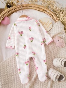SHEIN 新生兒嬰兒鬱金香花朵毛絨連身長褲 秋冬居家休閒服 - 白色 - 查看 10