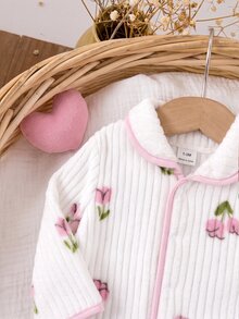 SHEIN 新生兒嬰兒鬱金香花朵毛絨連身長褲 秋冬居家休閒服 - 白色 - 查看 7