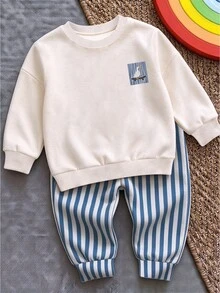 Infant Toddler Round Neck Kids Kids Kids Casual Comfortable Outfit Set With Cartoon Pattern, Suitable For Autumn/Winter - Multicolor - View 4