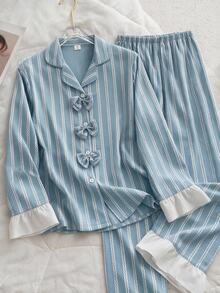 French Girl Style Teen Girls Pajama Set, Long Sleeve Cardigan With Design Placket, Bow Collar, And Long Pants, White Ruffle Trim On Cuffs And Hems, Casual Comfortable 2 Pieces Loungewear - Multicolor - View 4
