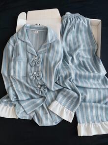 French Girl Style Teen Girls Pajama Set, Long Sleeve Cardigan With Design Placket, Bow Collar, And Long Pants, White Ruffle Trim On Cuffs And Hems, Casual Comfortable 2 Pieces Loungewear - Multicolor - View 1