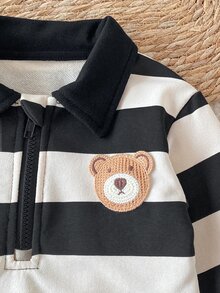 SHEIN 2pcs/Set Boys' Sweatshirt Set, Cute Academy Style Black & White Striped Bear Patch Half-Zip Long Sleeve Collared, Regular Fit Outdoor Autumn Jogging Comfortable Sports Style - Multicolor - View 6