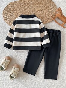 SHEIN 2pcs/Set Boys' Sweatshirt Set, Cute Academy Style Black & White Striped Bear Patch Half-Zip Long Sleeve Collared, Regular Fit Outdoor Autumn Jogging Comfortable Sports Style - Multicolor - View 4
