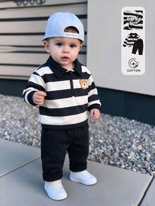 SHEIN 2pcs/Set Boys' Sweatshirt Set, Cute Academy Style Black & White Striped Bear Patch Half-Zip Long Sleeve Collared, Regular Fit Outdoor Autumn Jogging Comfortable Sports Style - Multicolor - View 3
