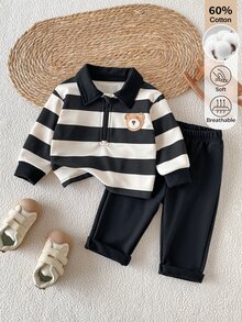 SHEIN 2pcs/Set Boys' Sweatshirt Set, Cute Academy Style Black & White Striped Bear Patch Half-Zip Long Sleeve Collared, Regular Fit Outdoor Autumn Jogging Comfortable Sports Style - Multicolor - View 5