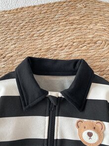 SHEIN 2pcs/Set Boys' Sweatshirt Set, Cute Academy Style Black & White Striped Bear Patch Half-Zip Long Sleeve Collared, Regular Fit Outdoor Autumn Jogging Comfortable Sports Style - Multicolor - View 7