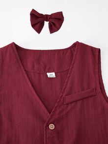 SHEIN 2pcs Boys Burgundy Vintage Striped Vest And Pants Set With Bow Tie, Fall Winter Formal Wedding Graduation Party Outfit - Burgundy - View 4