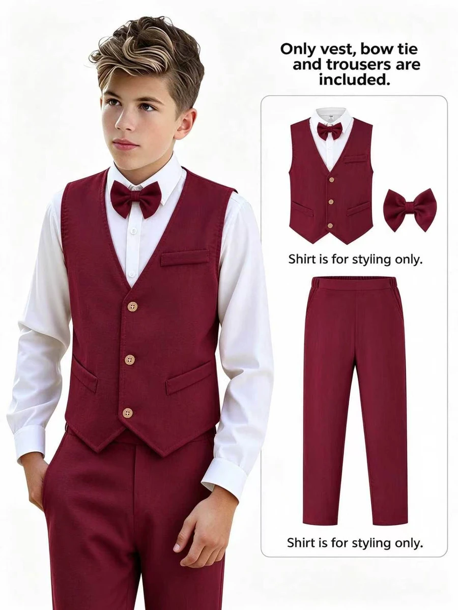 SHEIN 2pcs Boys Burgundy Vintage Striped Vest And Pants Set With Bow Tie, Fall Winter Formal Wedding Graduation Party Outfit - Burgundy - View 1