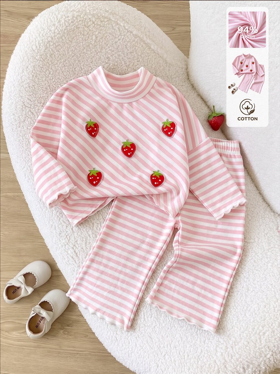 2Pcs Baby Girl Cute Strawberry Striped Ribbed Top Flare Pants Set Daily Outfits