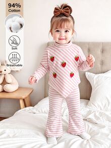 2Pcs Baby Girl Cute Strawberry Striped Ribbed Top Flare Pants Set Daily Outfits - Pink - View 9