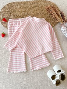 2Pcs Baby Girl Cute Strawberry Striped Ribbed Top Flare Pants Set Daily Outfits - Pink - View 3