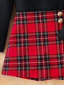 SHEIN 女童荷葉邊飾長袖蝴蝶結上衣與格紋裙套裝 - 彩色 - 查看 7
