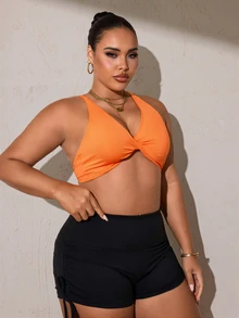 SHEIN Rhythm Era حمالة صدر رياضية كاجوال يومية بلون موحد للنساء بمقاس كبير - لون برتقالي - مشاهدة 10