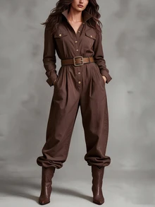 SHEIN Caramel Brown Corduroy Jumpsuit, Notched Lapel Long Sleeve Button Front Wide Leg Jumpsuit - Coffee Brown - View 5