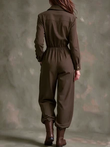 SHEIN Caramel Brown Corduroy Jumpsuit, Notched Lapel Long Sleeve Button Front Wide Leg Jumpsuit - Coffee Brown - View 2