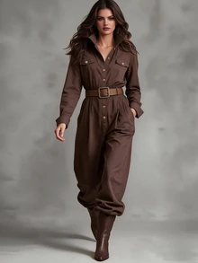 SHEIN Caramel Brown Corduroy Jumpsuit, Notched Lapel Long Sleeve Button Front Wide Leg Jumpsuit - Coffee Brown - View 1