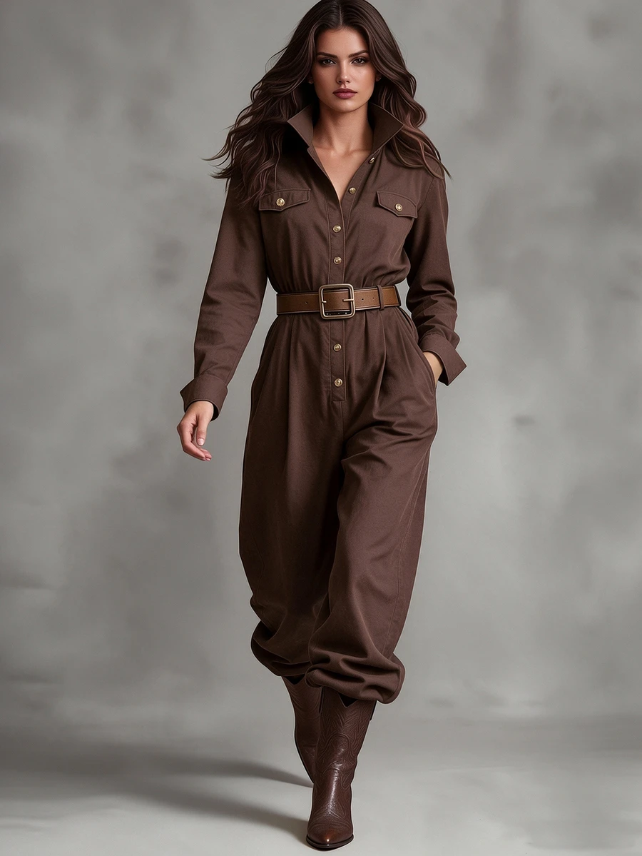 SHEIN Caramel Brown Corduroy Jumpsuit, Notched Lapel Long Sleeve Button Front Wide Leg Jumpsuit - Coffee Brown - View 1