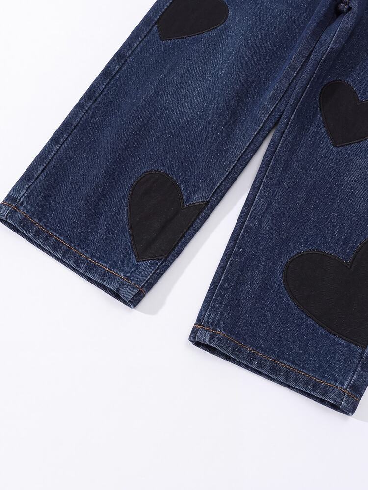 Young Girl Denim Blue Summer Jeans Fashion Snow Wash Heart Patch Embroidery Wide Leg Denim Pants Playful Loose Denim Long Pants - Blue - View 6
