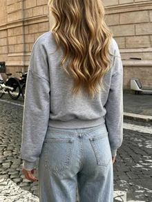 TaskSense French Style Grey Sweatshirt With White Lace Trim V-Neck Top, Casual Autumn/Winter New American Style Cinched Waist Cropped Sweatshirt - Grey - View 2