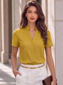 Editum Camiseta de mujer de manga corta con cuello mandarín tipo lino, versátil y favorecedora para ir al trabajo - Amarillo - Ver 1