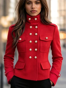 SHEIN Fall Winter Women's Double Breasted Gold Buttons MilitaryStyle Coat Stand Collar Slim Tailored Wool Blend Short Jacket For Evening Outfits - Red - View 3