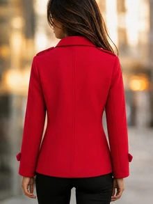 SHEIN Fall Winter Women's Double Breasted Gold Buttons MilitaryStyle Coat Stand Collar Slim Tailored Wool Blend Short Jacket For Evening Outfits - Red - View 2