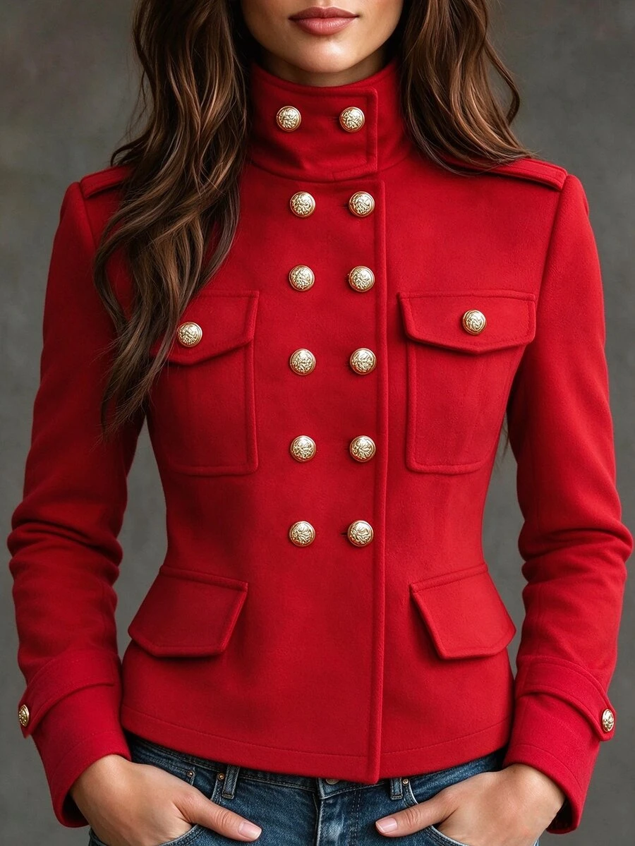 SHEIN Fall Winter Women's Double Breasted Gold Buttons MilitaryStyle Coat Stand Collar Slim Tailored Wool Blend Short Jacket For Evening Outfits - Red - View 1