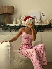 Aloruh Women's Casual Home Christmas Gingerbread Man Cartoon Striped Camisole & Long Pants Set, Comfortable Christmas Camisole Set - Pink - View 1