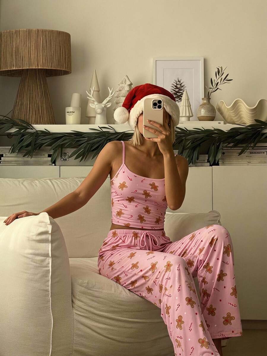Aloruh Women's Casual Home Christmas Gingerbread Man Cartoon Striped Camisole & Long Pants Set, Comfortable Christmas Camisole Set - Pink - View 1