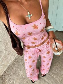 Aloruh Women's Casual Home Christmas Gingerbread Man Cartoon Striped Camisole & Long Pants Set, Comfortable Christmas Camisole Set - Pink - View 6