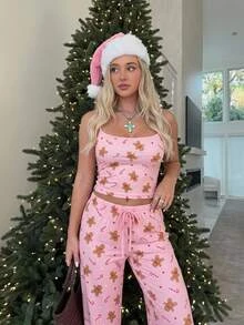 Aloruh Women's Casual Home Christmas Gingerbread Man Cartoon Striped Camisole & Long Pants Set, Comfortable Christmas Camisole Set - Pink - View 2