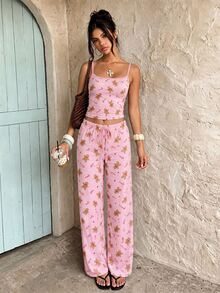 Aloruh Women's Casual Home Christmas Gingerbread Man Cartoon Striped Camisole & Long Pants Set, Comfortable Christmas Camisole Set - Pink - View 8