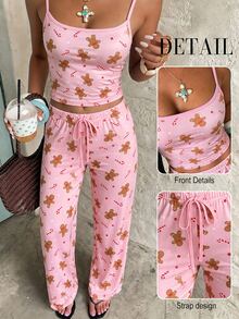 Aloruh Women's Casual Home Christmas Gingerbread Man Cartoon Striped Camisole & Long Pants Set, Comfortable Christmas Camisole Set - Pink - View 3