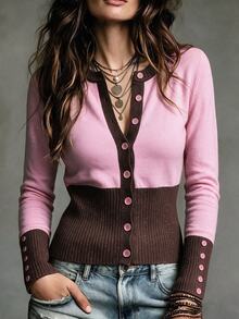 SHEIN كارديجان نسائي جديد للخريف بتصميم كتل لونية وياقة دائرية، كنزة صوفية قصيرة وردية وبنية بأزرار أمامية وأكمام طويلة، ضيق عند الخصر بقصة نحيفة، كاجوال بأسلوب مدرسي أنيق - متعدد الألوان - مشاهدة 3