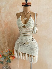 Soleia Women's Plus Size Apricot Halter Neck Jacquard Tassel Knit Mini Dress - Apricot - View 6