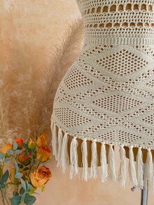 Soleia Women's Plus Size Apricot Halter Neck Jacquard Tassel Knit Mini Dress - Apricot - View 3