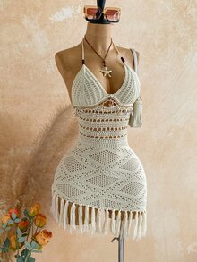 Soleia Women's Plus Size Apricot Halter Neck Jacquard Tassel Knit Mini Dress - Apricot - View 5