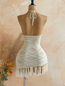 Soleia Women's Plus Size Apricot Halter Neck Jacquard Tassel Knit Mini Dress - Apricot - View 2