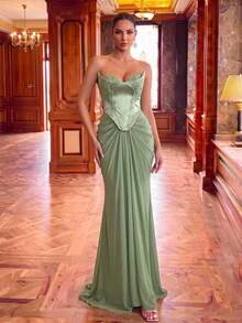 Glamrae Elegant Luxurious Fashion Satin Chiffon Handmade Applique Strapless 2 In 1 Oversized Skirt Train Women's Formal Evening Gown,Christmas Party Dress - Green - View 2