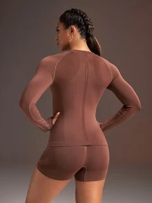 Powerista Women's Minimalist Zip-Up Long Sleeve Top And Shorts Sports Set Brown Gym Fitness Workout Running Set 2 Piece Set Seamless Outdoor Daily Autumn Spring - Brown - View 3