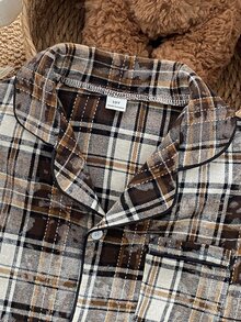 Boys' Simple Elegant Apricot Plaid Fabric Comfortable Casual Long Sleeve Long Pants 2 Pieces Loungewear Set - Apricot - View 4