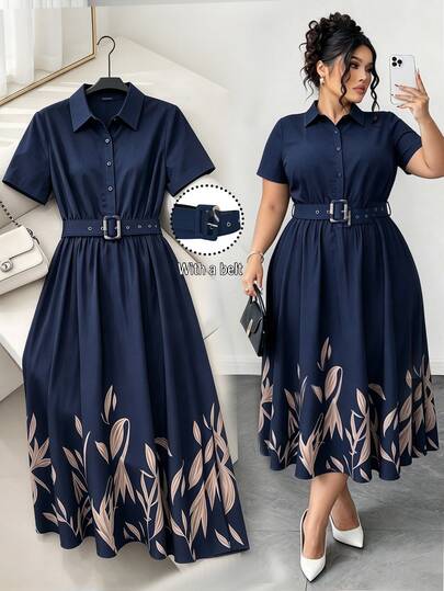 Elenzga Summer Fashion Casual Vacation French Retro Elegant Commuter Lapel Belt Waist Cinched Colorblock Print Blue Dress
