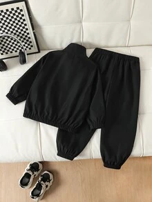 SHEIN 2pcs/Set Young Boy Casual Color Block Hoodie & Sweatpants Sports Outfit, Autumn Chic Outfits For Autumn/Winter - Black - View 3