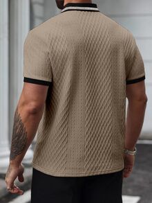 Manfinity Homme Plus Size Men's Contrast Trim Textured Short Sleeve Polo Shirt, Formal - Khaki - View 2