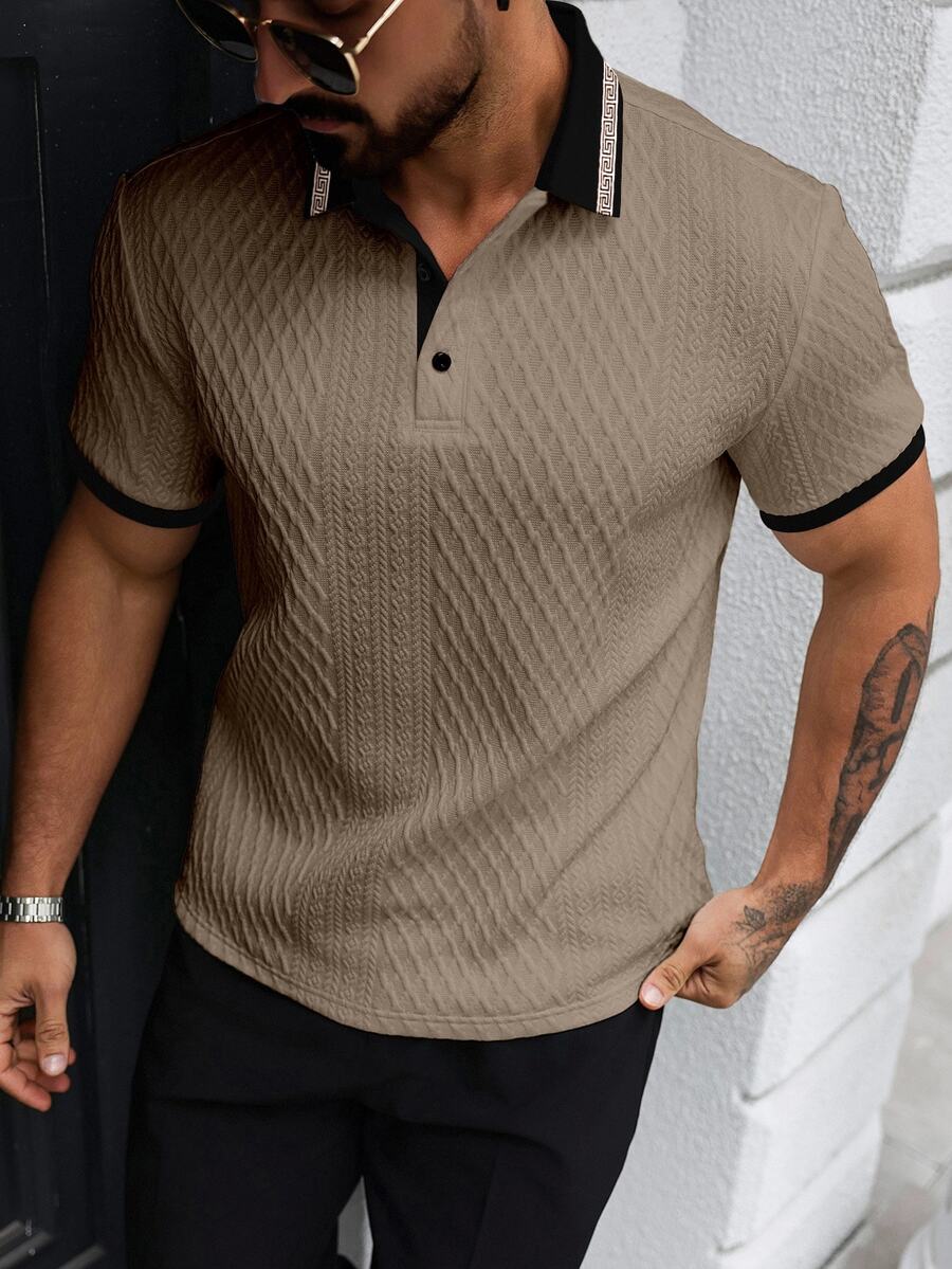 Manfinity Homme Plus Size Men's Contrast Trim Textured Short Sleeve Polo Shirt, Formal - Khaki - View 1
