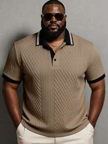 Manfinity Homme Plus Size Men's Contrast Trim Textured Short Sleeve Polo Shirt, Formal - Khaki - View 3