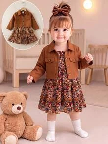 SHEIN Baby Girl Vacation Thick Corduroy Long Sleeve Open Front Vintage Jacket & Ditsy Floral Spaghetti Strap Dress 2pcs Set, Suitable For Autumn/Winter - Brown - View 1