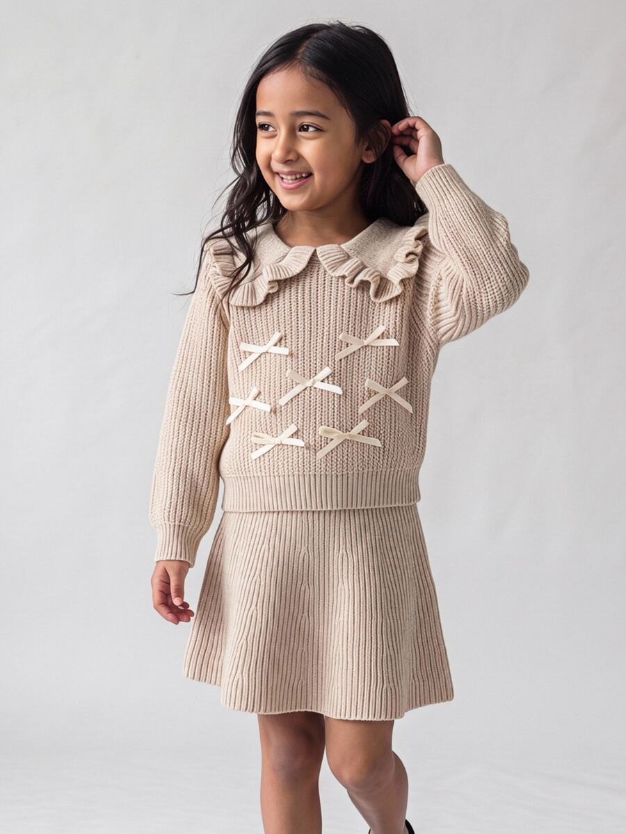 Maija Kids Maija Kids Young Girl Bowknot Decor Long Sleeve Top And Skirt Knit Set - Khaki - View 1