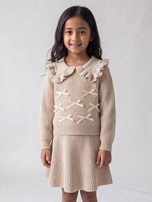 Maija Kids Maija Kids Young Girl Bowknot Decor Long Sleeve Top And Skirt Knit Set - Khaki - View 2