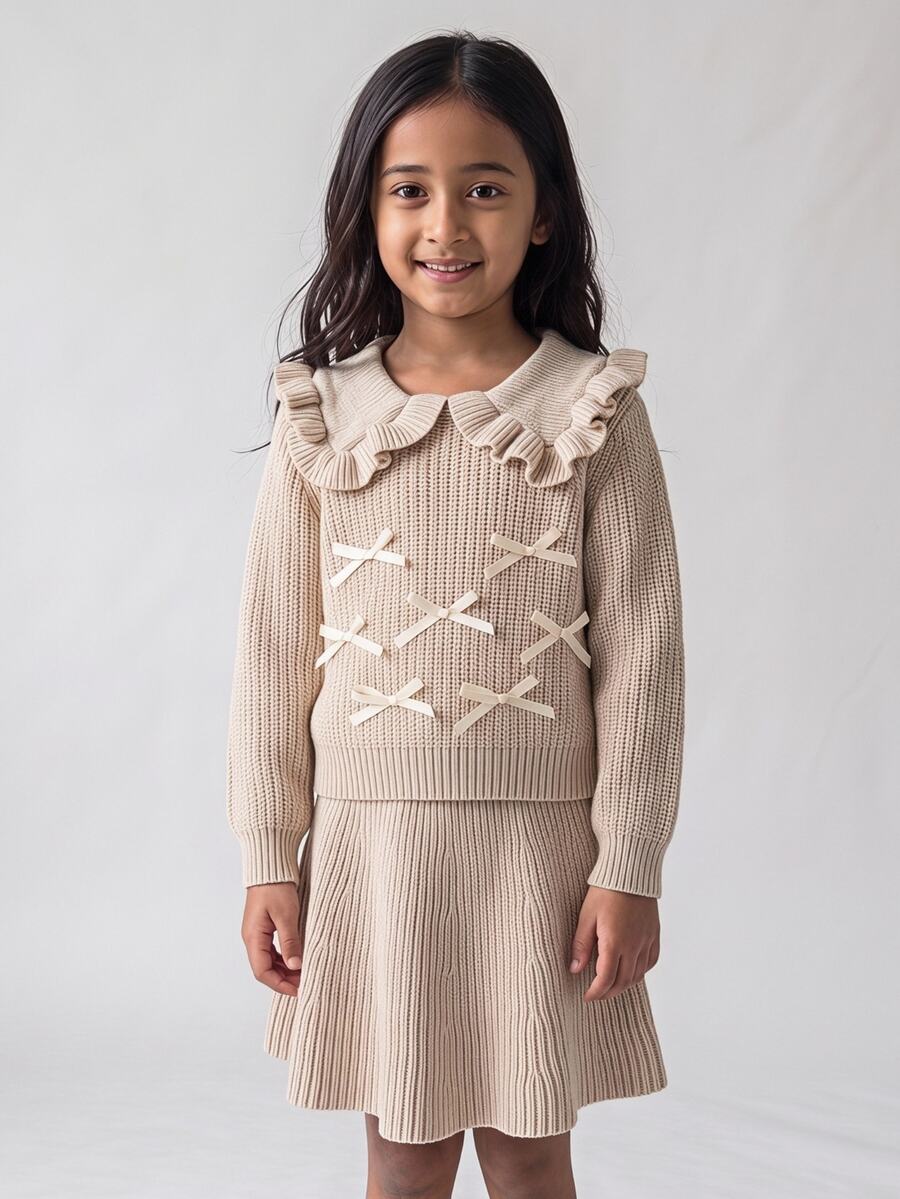 Maija Kids Maija Kids Young Girl Bowknot Decor Long Sleeve Top And Skirt Knit Set - Khaki - View 1